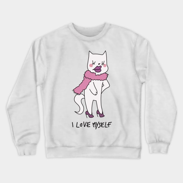 I love myself ugly cat illustration purple pink Crewneck Sweatshirt by maoudraw